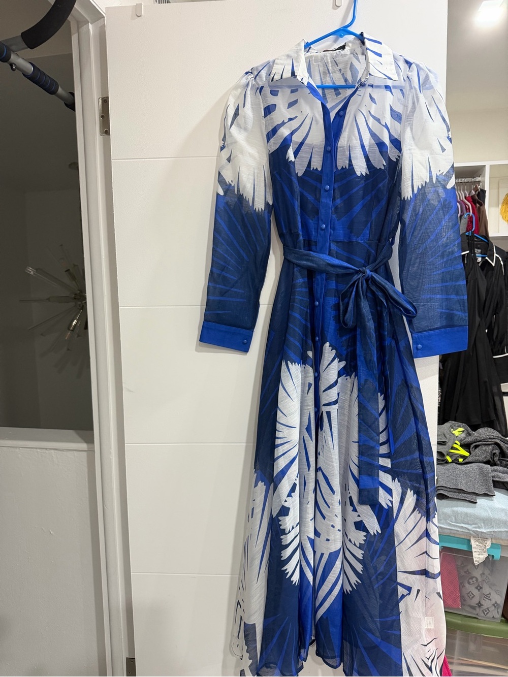 Blue and White Long-Sleeve Shirt Dress with Waist Tie
